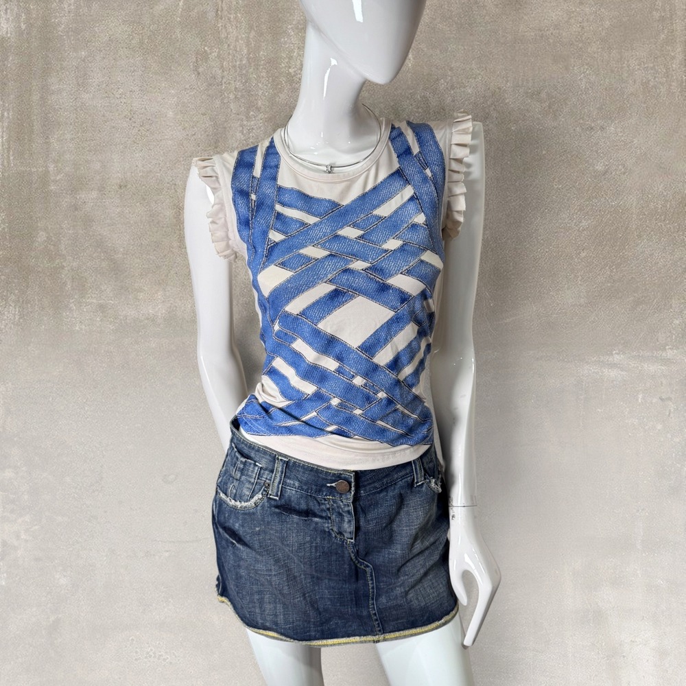 Vintage Y2K Morgan de Toi Trompe L'Oeil Denim Print Ruffle Top S/M
